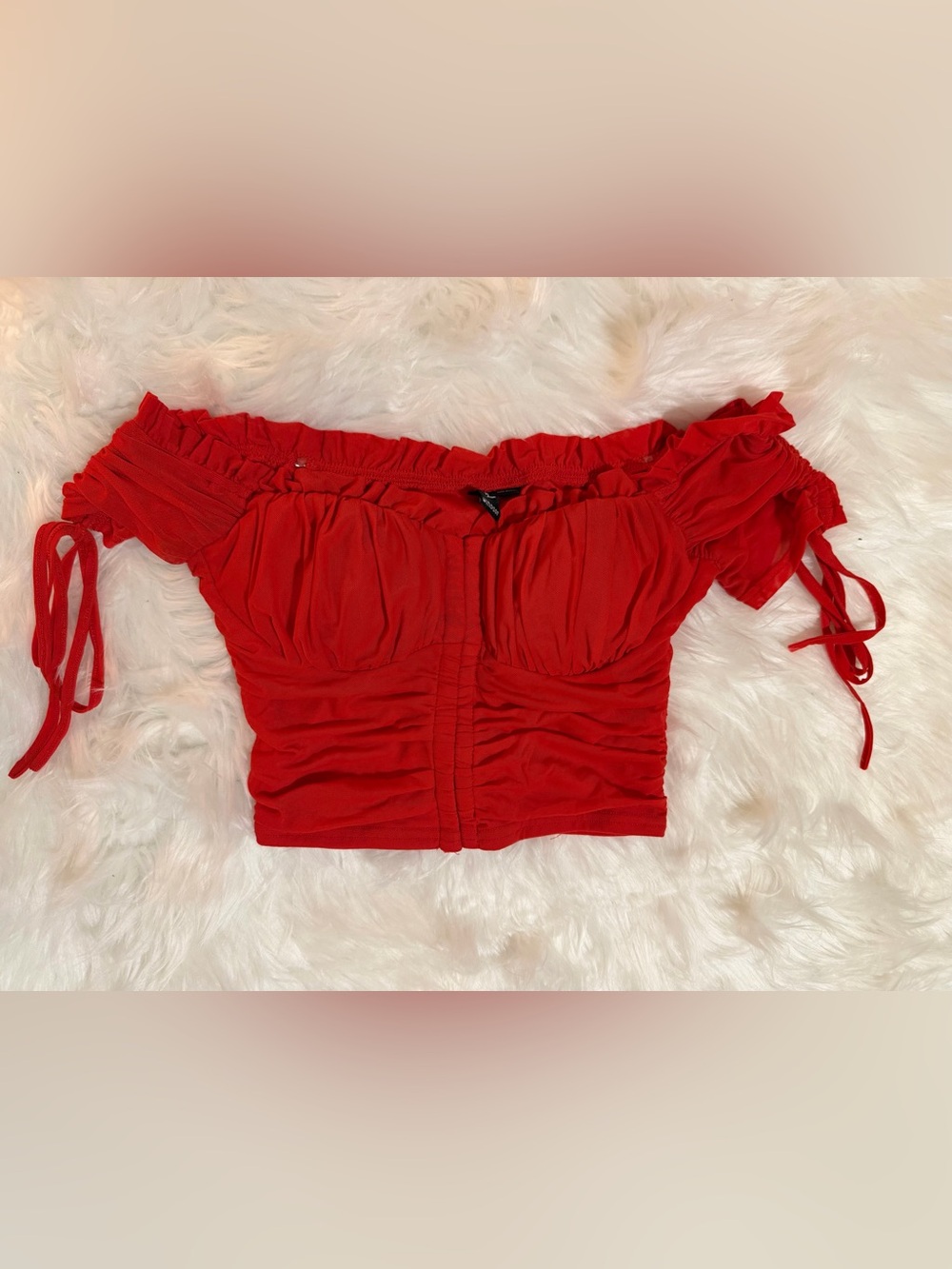 Windsor Red Ruched Off-Shoulder Mesh Crop Top Small - Picture 2 of 10